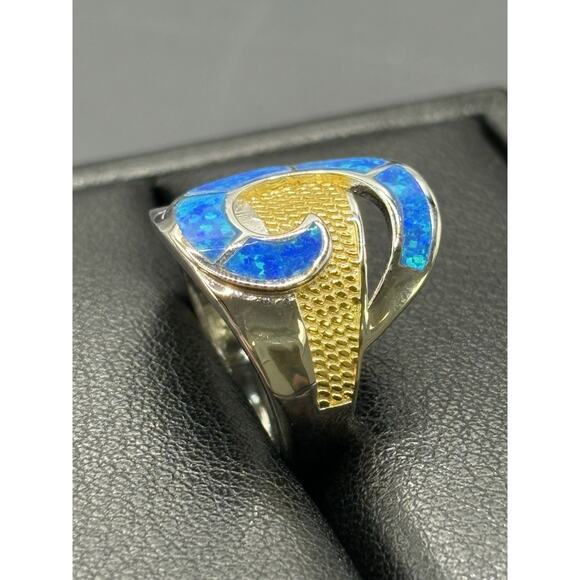 New Condition Two Tone Lab Blue Opal Ring Size 7 - Picture 5 of 11